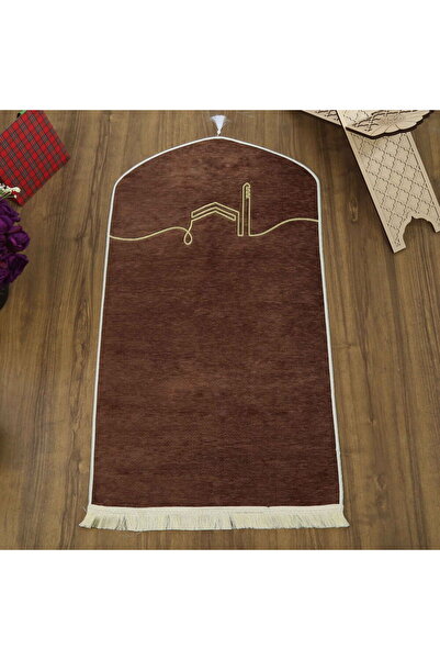 İkranur Χαλί προσευχής El Kuba Luxury Lined με ρέλι Καφέ (66X125cm) 565 γρ.