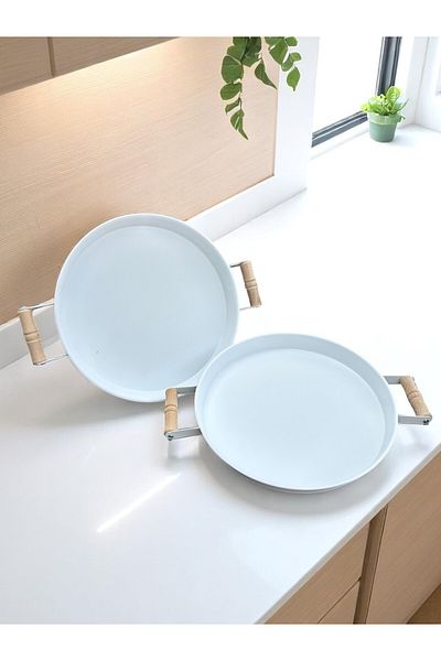 hemlife Set of 2 (30/30 cm) Metal Tray with Wooden Handle Tea Tray Coffee Tray Presentation Tray Set