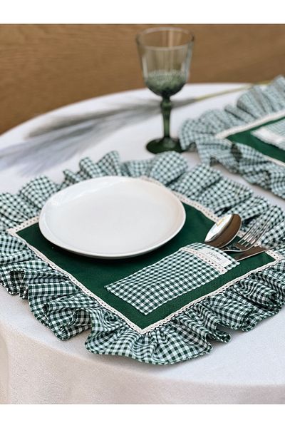KaiHome Pocketed Raw Linen Checkered Ruffle Detailed American Service/ Supla 6Pcs