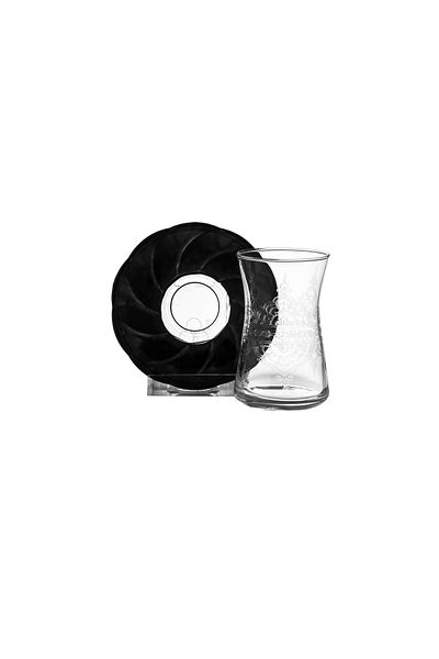 Dania Set of Turkish Engraved Glass Tea Cups with Black Glass Saucers - 6 Cups + 6 Saucers