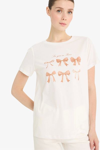 DeFacto Tricou cu mânecă scurtă din bumbac pieptănat imprimat cu decolteu rotund F5689ax25sm