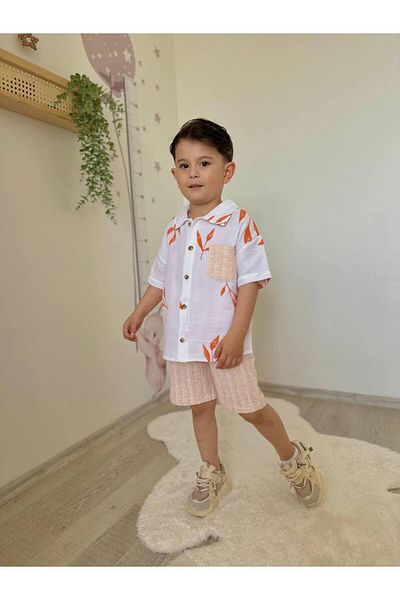 Yalçınoğlu Kids Summer Suit for Kids: Palm Print Shirt and Shorts I Elegance on Vacation I Wrinkled Fabric I