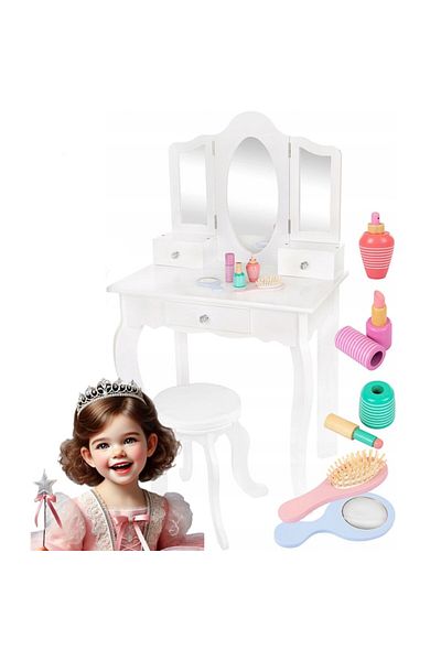 Smart Vibe ChicMagique Girls' Makeup Table, Made of Ecological Wood, 3 Mirrors, 3 Shelves, Stool with Hair