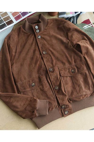 By Marki Marki Men's Whiskey Color Genuine Suede Leather Jacket – Button Closure, Vintage Style, 4 Pockets - 505222