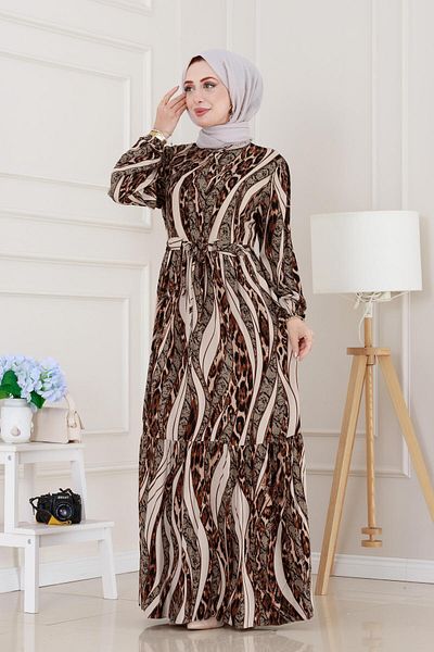 Sevitli Rochie din viscoză cu model leopard cu tunel în talie-bej