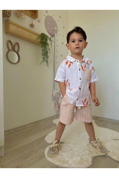 Yalçınoğlu Kids Summer Suit for Kids: Palm Print Shirt and Shorts I Elegance on Vacation I Wrinkled Fabric I