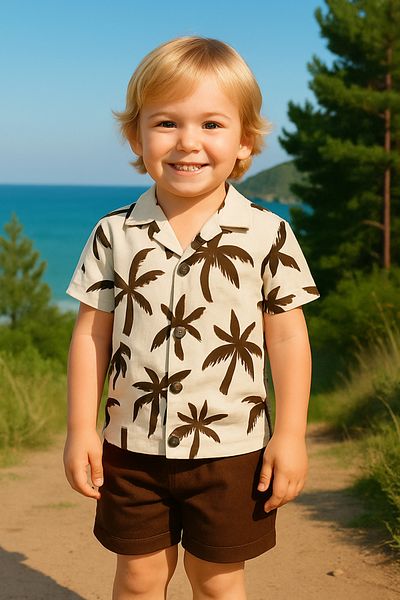 Yalçınoğlu Kids Summer Suit for Kids: Palm Print Shirt and Shorts I Elegance on Vacation I Wrinkled Fabric I
