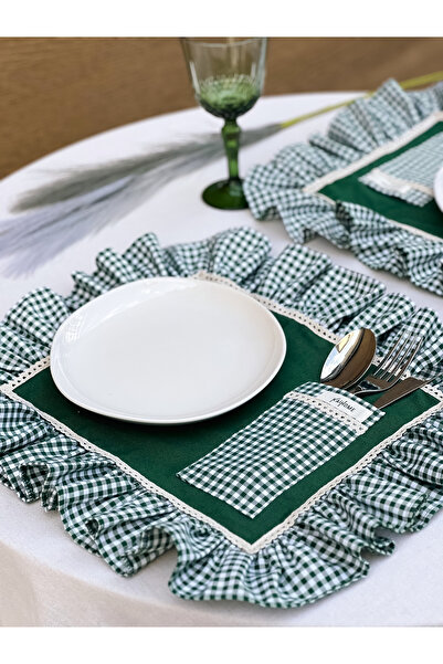 KaiHome Pocketed Raw Linen Checkered Ruffle Detailed American Service/ Supla 2Pcs