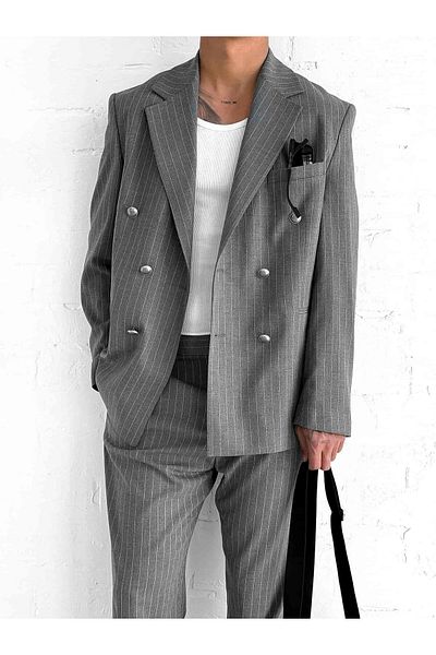 ablukaonline Men's Striped Oversize Double Breasted Suit Gray