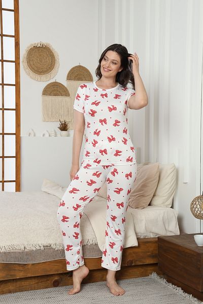 LİLA İÇ GİYİM Set pijamale cu mânecă scurtă albă cu model Milan Ribbon