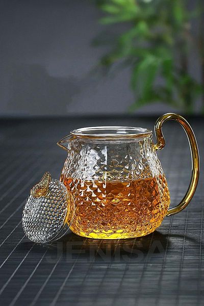 Jenisa Modern Glass Teapot 550 ml - Heat Resistant, Tea Enjoyment with Glass Strainer and Gold Handle