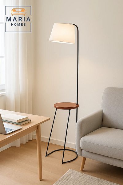 MARIA HOMES Floor Lamp with Side Table and White Shade