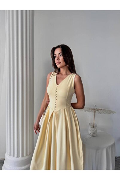 conconmoda Dore Piliseli Düğmeli Midi Elbise