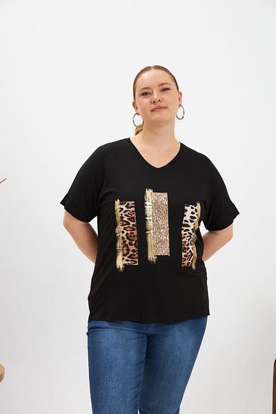 RMG Leopard and Sequin Sequin Garnished Plus Size T-Shirt Black