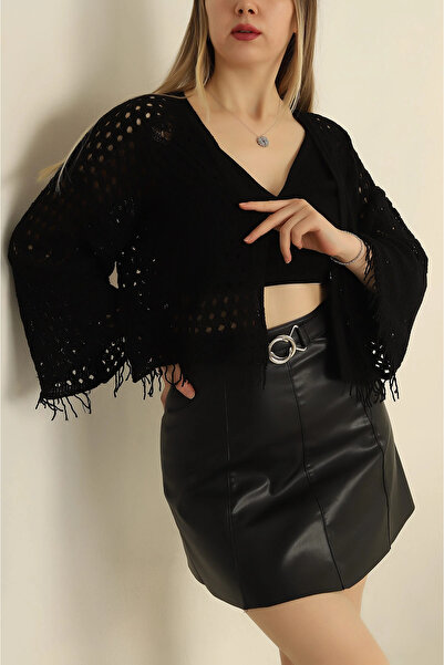 LUSHİGO Kadın Püskül Detaylı Bolero Hırka Regular Fit Ajur Desen Mevsimlik Hırka