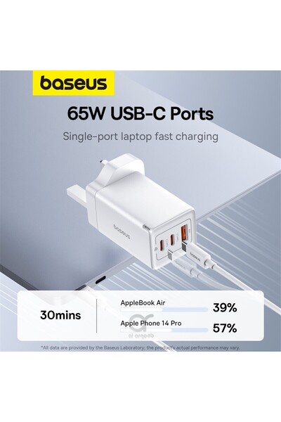 Baseus GaN5 Pro 65W 3 Port Fast Charger | 2 Type-C + USB-A, UK - White - with C to C 100W Cable - 1M