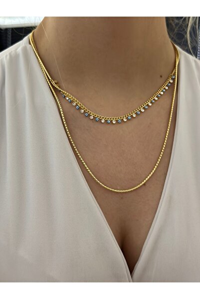 MyladyAccessoriess قلادة من الفولاذ بصفين وتفاصيل من خرز العين الشريرة