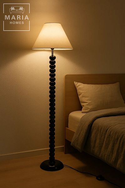 MARIA HOMES Glossy Black Beaded Floor Lamp with Cone Shade