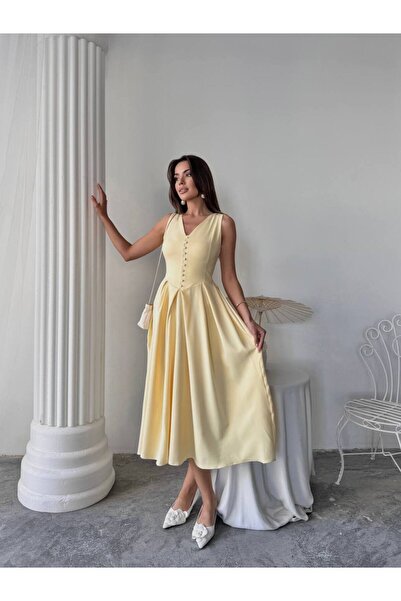 conconmoda Dore Piliseli Düğmeli Midi Elbise