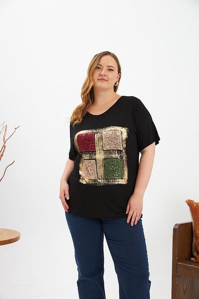 RMG Sequin Sequin Four Color Block Plus Size T-Shirt Black
