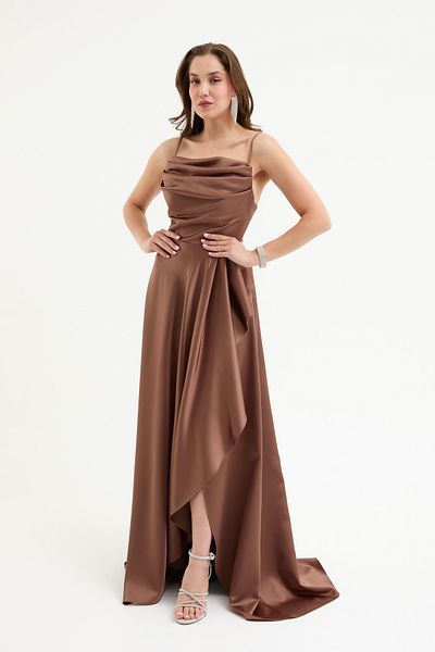 Lafaba Women's Brown Flounced Slit Satin Evening & Homecoming Dress