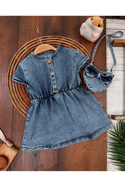 bebicix Front Buttoned Baby Girl Dress with Jeans Lycra Bag