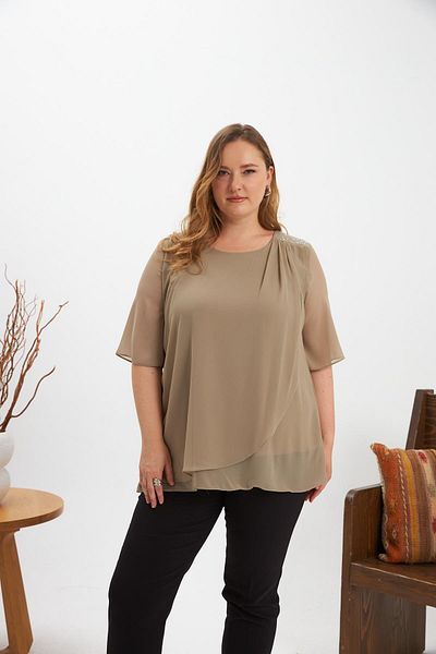 RMG Shoulder Stone Detailed Asymmetrical Cut Plus Size Chiffon Blouse Mink