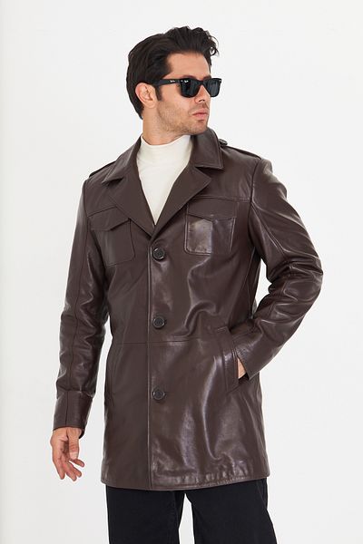 By Marki Marki Men's Genuine Leather Trench Coat – Brown, British Collar, Button Closure, 90 Cm, 4 Pockets - 506922