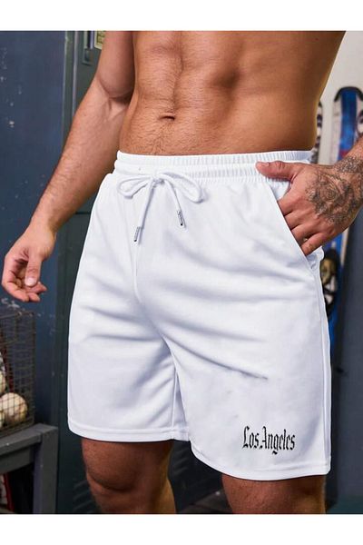 Relax family xf Men's White Shorts Slimfit Mold Los Angeles Printed Cotton Fabric