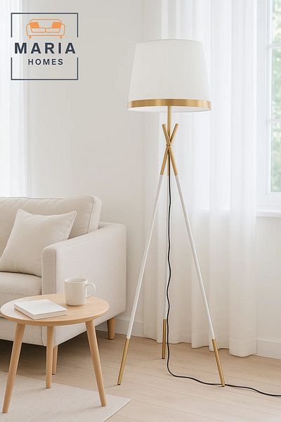 MARIA HOMES Elegant White and Gold Tripod Floor Lamp
