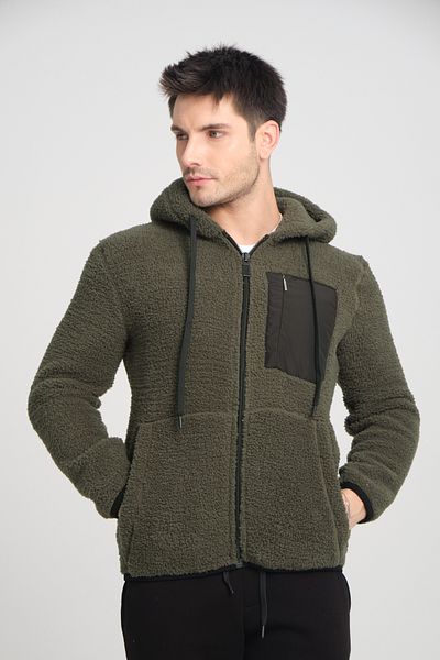 Tarz Cool Khaki Zippered Hooded Plush Sweatshirt