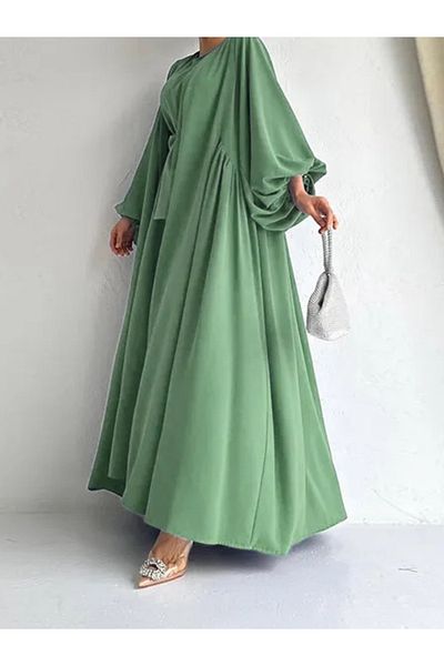 Other Elegant Wine Red Color Balloon Sleeves Two Piece Abaya Dress