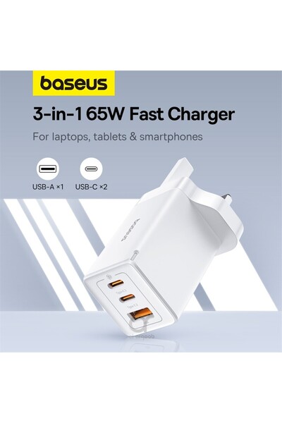 Baseus GaN5 Pro 65W 3 Port Fast Charger | 2 Type-C + USB-A, UK - White - with C to C 100W Cable - 1M