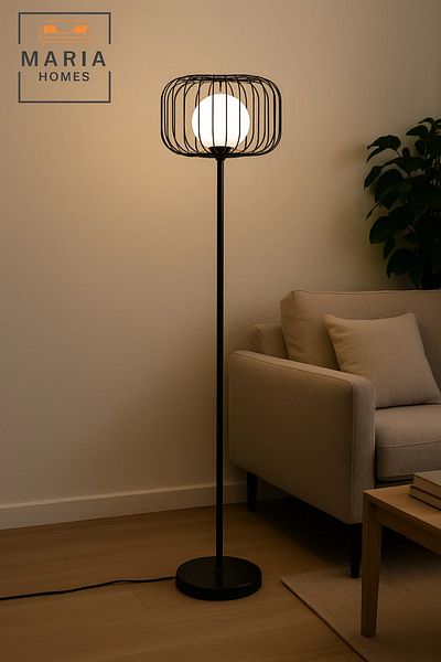 MARIA HOMES Black Floor Lamp with Wire Cage Shade