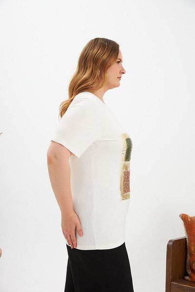 RMG Sequin Sequin Four Color Block Plus Size T-Shirt Ecru