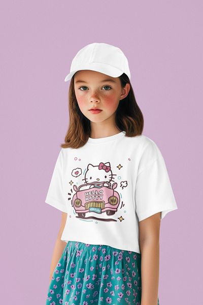 SEVBANO Tricou pentru copii unisex cu desene animate Hello Kity care conduce mașină (vârsta 1-12)