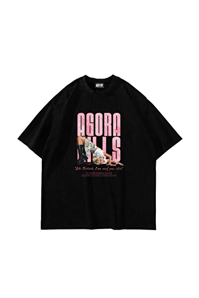 Bak Moda Tricou negru oversize unisex cu imprimeu Agora Hills