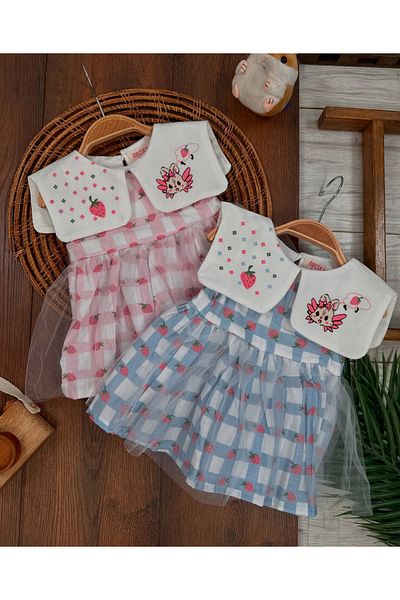 bebicix Plaid Strawberry Printed Collar Embroidered Baby Girl Tutu Dress