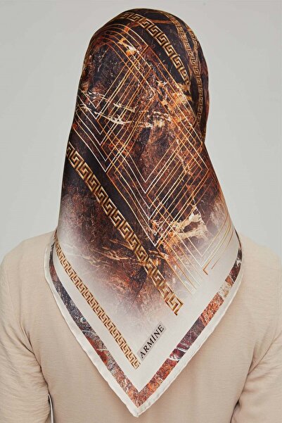 Armine Σειρά Nostalgia Silk Sura Scarf 8615DS-03 Γεωμετρικό σχέδιο ΚΡΕΜ-ΚΑΦΕ