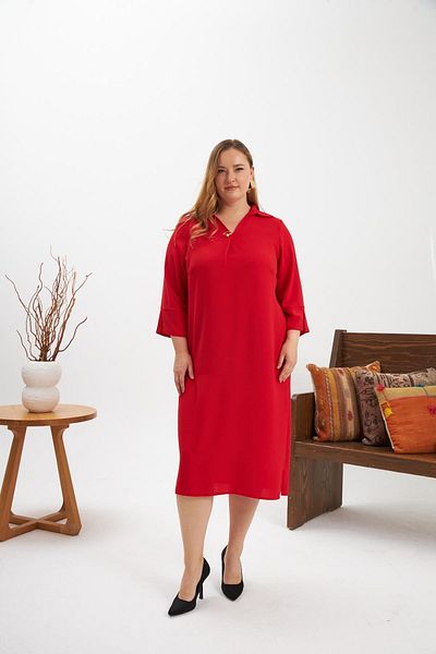 RMG Collar Brooch Detailed Slit Plus Size Dress Red