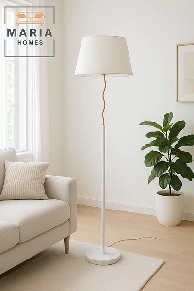 MARIA HOMES Modern White Floor Lamp with Brass Accent and Marble Base