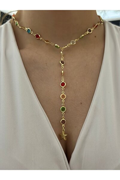MyladyAccessoriess Tek Taş Renkli Yıldız Detay Y Çelik Kolye