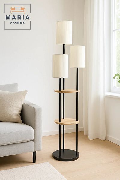 MARIA HOMES Multi-Light Floor Lamp with Shelves and Cream Shades