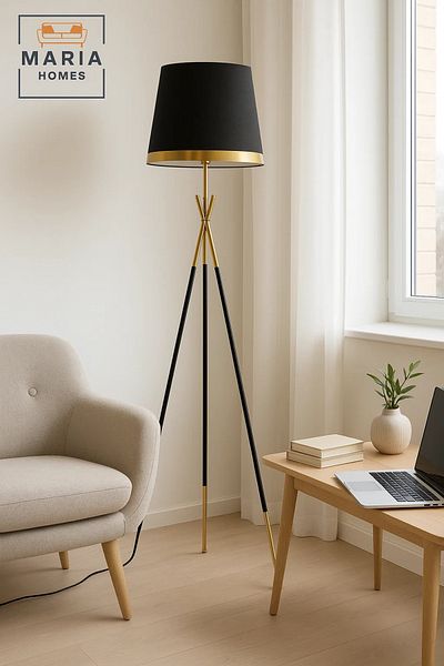 MARIA HOMES Luxury Black and Gold Tripod Floor Lamp