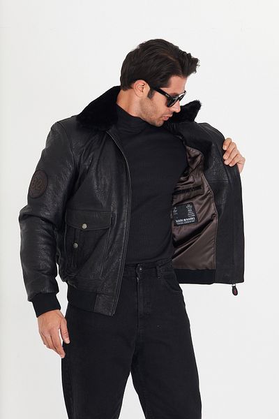 By Marki Marki Men's Maverik Genuine Leather Coat – Natural Fur Collar, Zippered, 7 Pockets, Winter, 70 cm