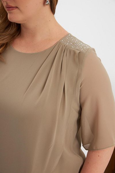 RMG Shoulder Stone Detailed Asymmetrical Cut Plus Size Chiffon Blouse Mink