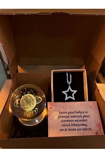 Perry Accesories kararmaz çelik zirkon yıldız kolye ve 3d satürn kız şıklı kar küresi hediye seti sevgiliye hediyelik
