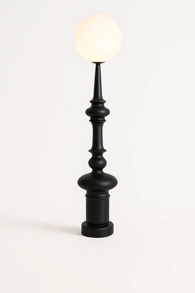 MARIA HOMES Sculptural Black Floor Lamp with Frosted Globe Shade