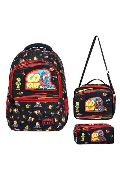 KAFF Black Car Patterned Bag Nutrition Pen Holder Boy Set of 3 Primary School Bag
