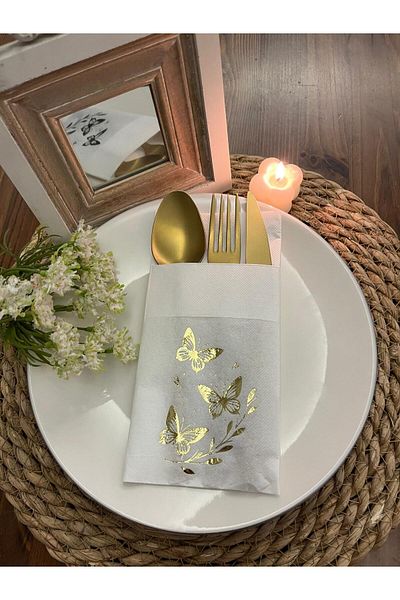 kidspartim Gold Gilded White Butterfly Leaf Detailed Pocketed Kangaroo Napkin 12 Pieces